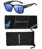 305 pairs of blue sunglasses, with logo on the legs, eyeglass bag, and eyeglass cloth